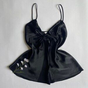 Y2K black satin tie front top